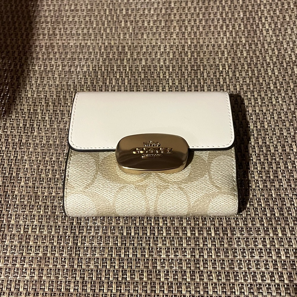 New Coach Cream and Tan Wallet with Gold Clasp